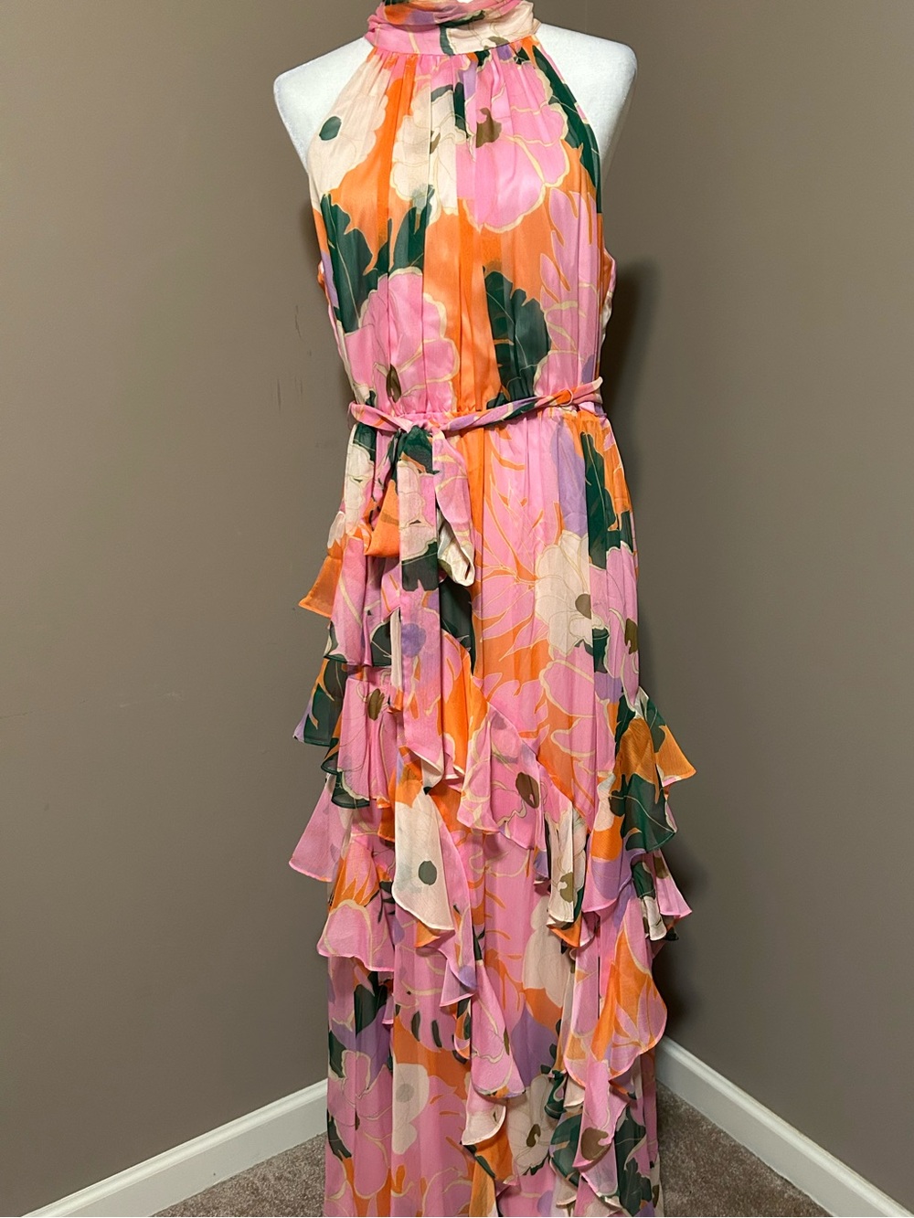Alex Marie Sail Into Summer Nina Halter Dress Ruffled Pink Maxi Dress Sz -12 - Picture 4 of 9